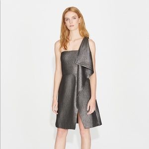NWT Halston Flounce Drape Metallic Jaquard Dress
